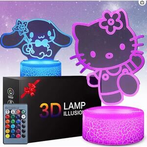 3D Illusion Cat Night Light for Kids, 2 Patterns and 16 Colors, Remote Control